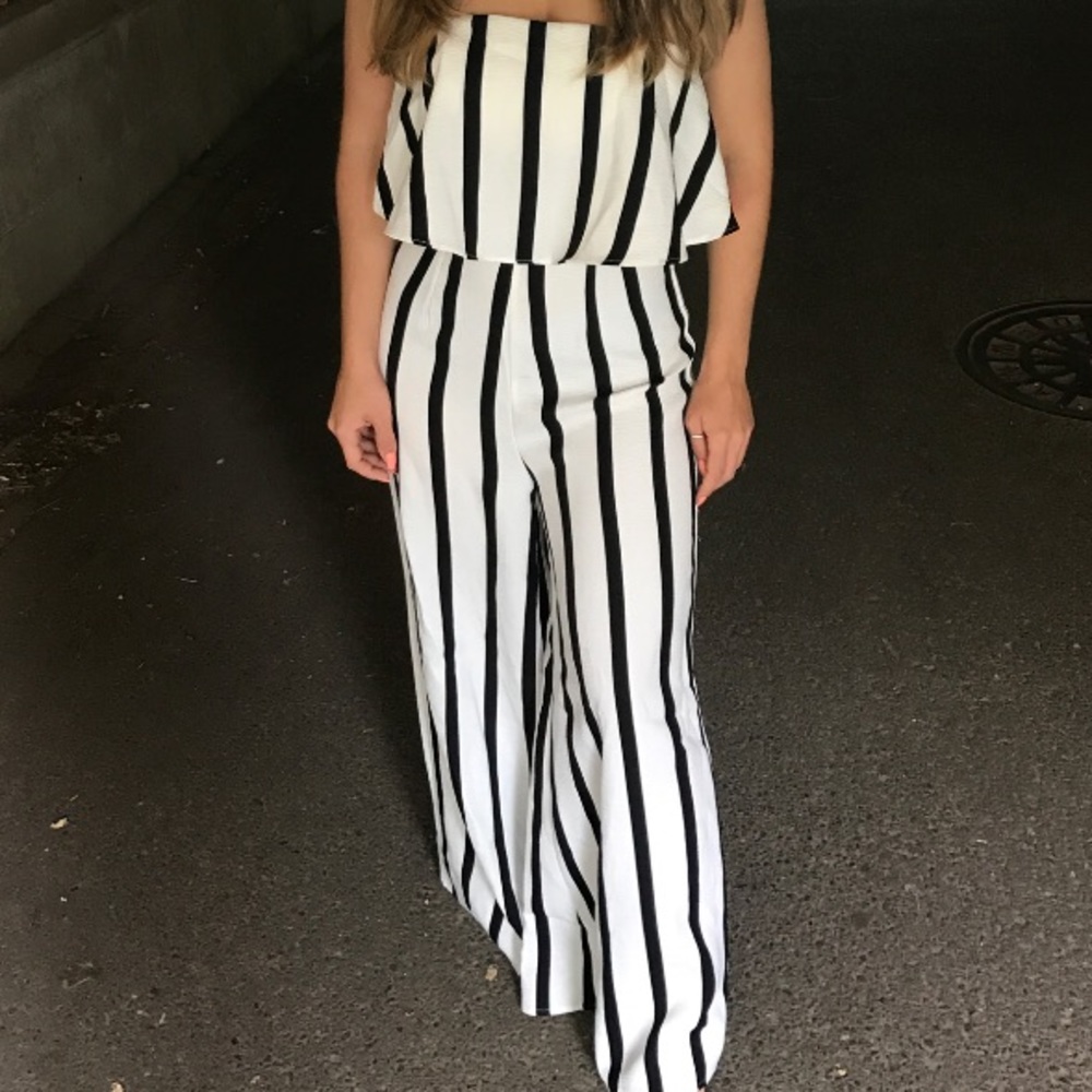 Black and white stripe strapless jumpsuit